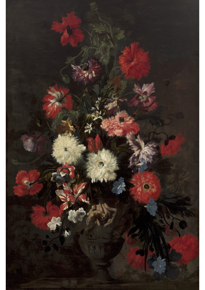A Still Life of chrysanthemums, poppies, tulips, convolvulus and other flowers in a decorated stone urn.